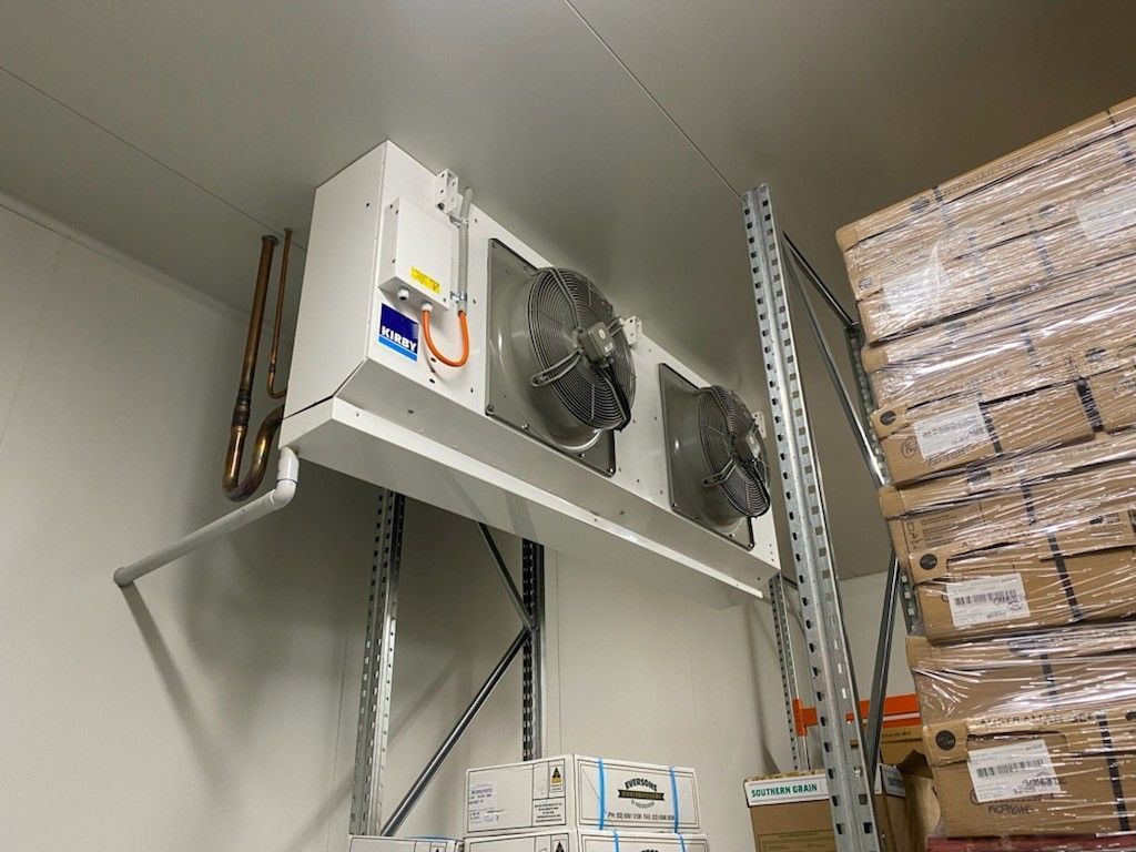 Ceiling-Mounted Refrigeration Unit with Fans, Installed in A White-Walled Warehouse — Refrigeration & Air Conditioning in Jewells, NSW