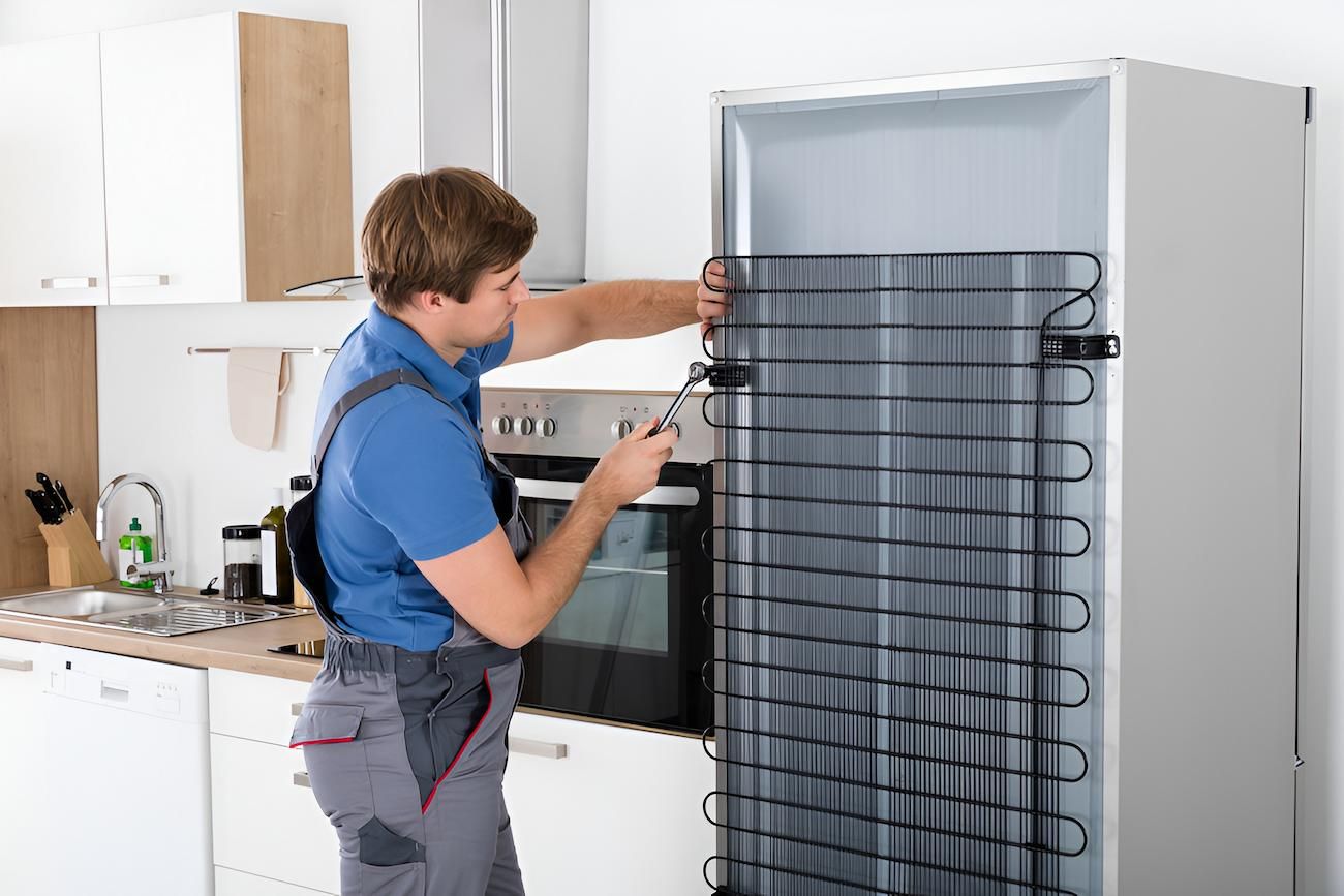 A Repairman Working on the Refrigerator's Cooling Coils in a Kitchen — Refrigeration & Air Conditioning in Central Coast, NSW