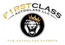Logo for First Class Autoglass LLC. Lion head wearing a crown within a black circle; gold and black text.