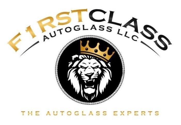 Logo for First Class Autoglass LLC. Lion head wearing a crown within a black circle; gold and black text.