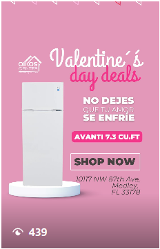 An advertisement for valentine 's day deals with a refrigerator on a pink background.