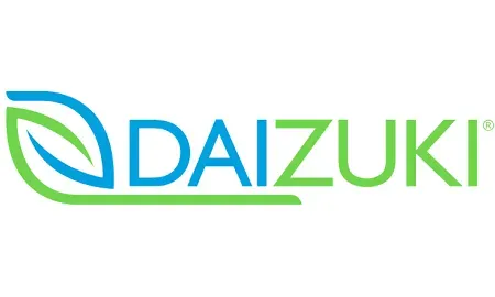 The daizuki logo is blue and green and has a leaf on it.