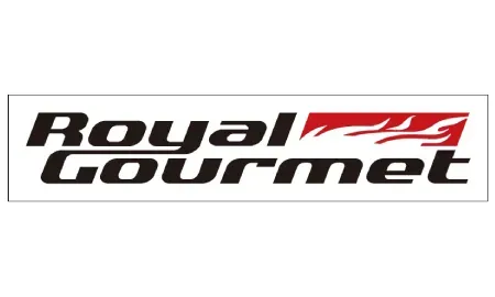 The logo for royal gourmet is black and red on a white background