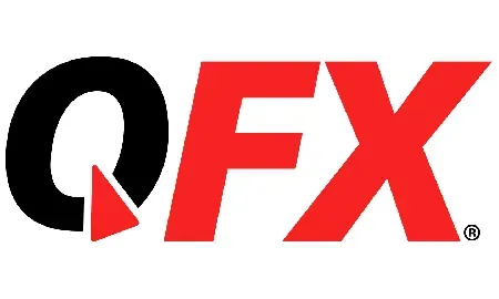 A red and black logo for qfx on a white background