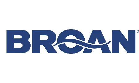 The logo for broan is blue and has a wave in the middle.