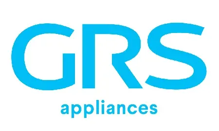 A blue logo for grs appliances on a white background
