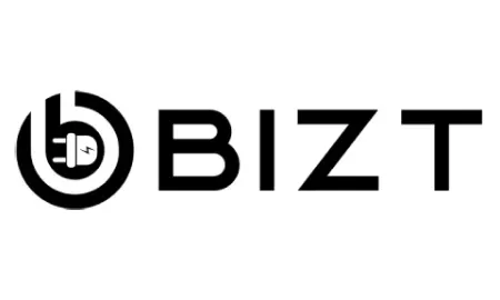 A black and white logo for a company called bizt.