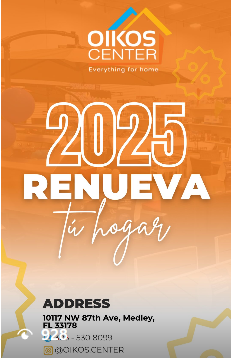 A poster for oikos center that says 2025 renueva tu hogar