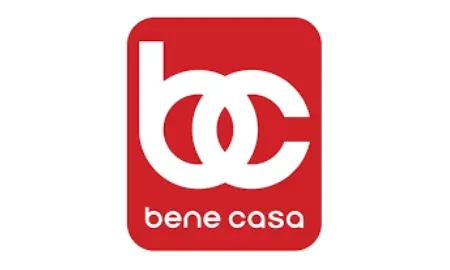 A red and white logo for bene casa