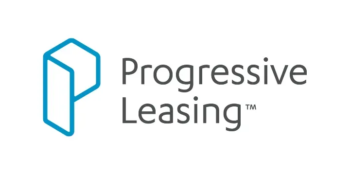 The logo for progressive leasing is a blue and white logo on a white background.