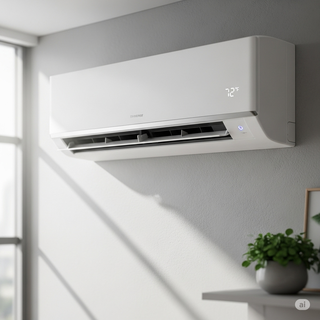 A bedroom with a bed and a window air conditioner