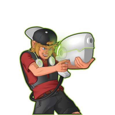 Blond-haired boy with a laser, wearing a backward cap, red shirt, and headphones, aiming forward.