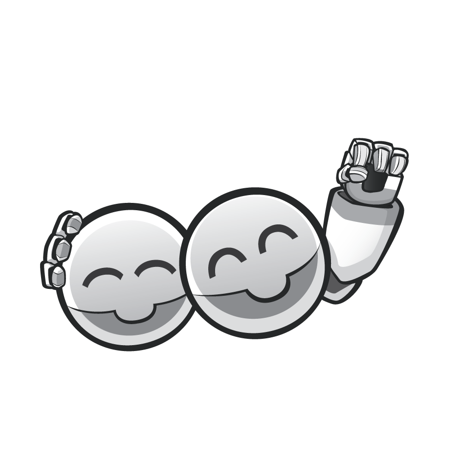 Two smiling robotic-like characters, one sphere hugging the other, waving.
