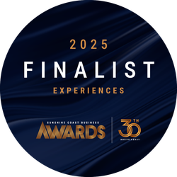 Round blue badge: 2025 Finalist, Experiences category. Sunshine Coast Business Awards