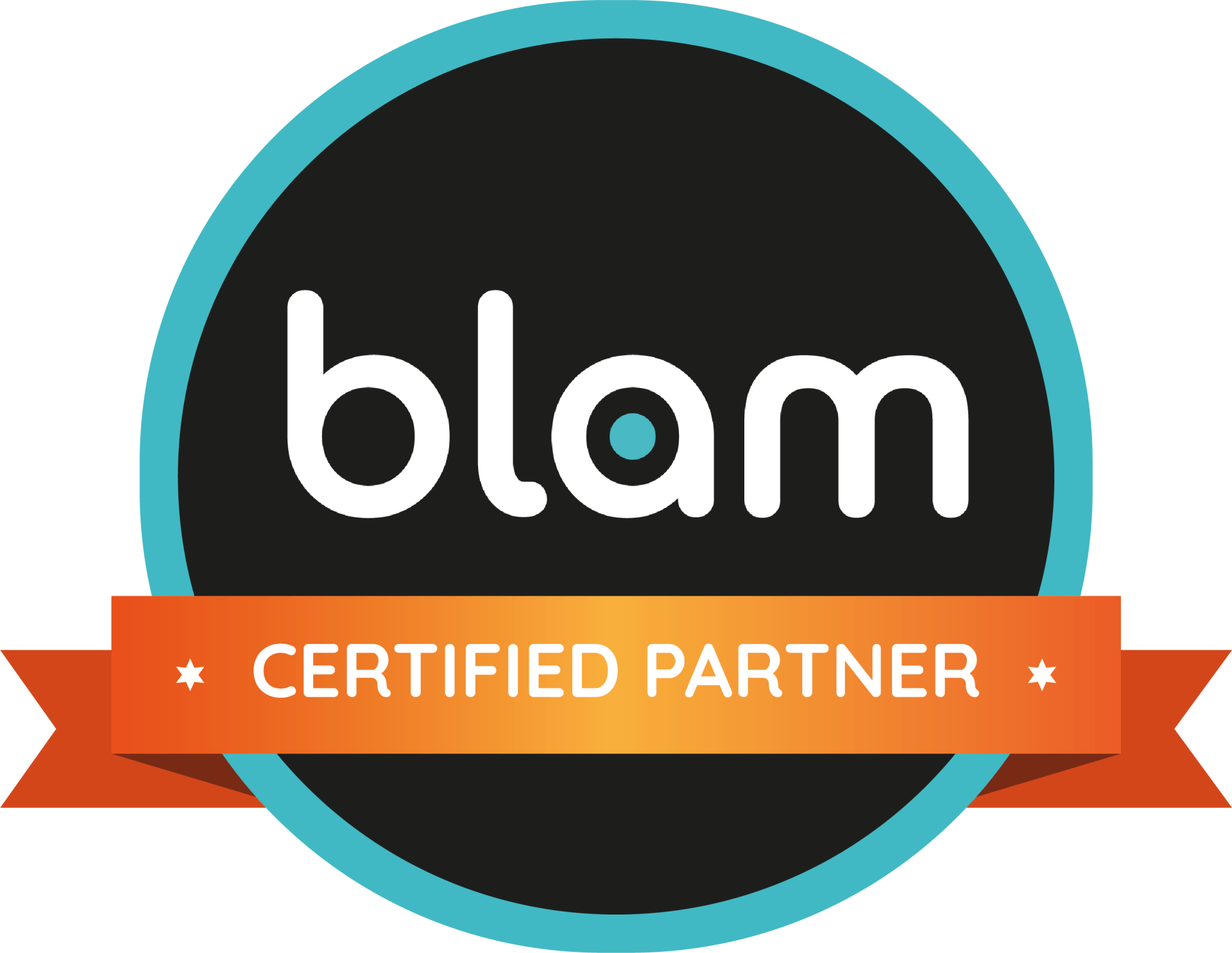 A blam certified partner logo with an orange ribbon