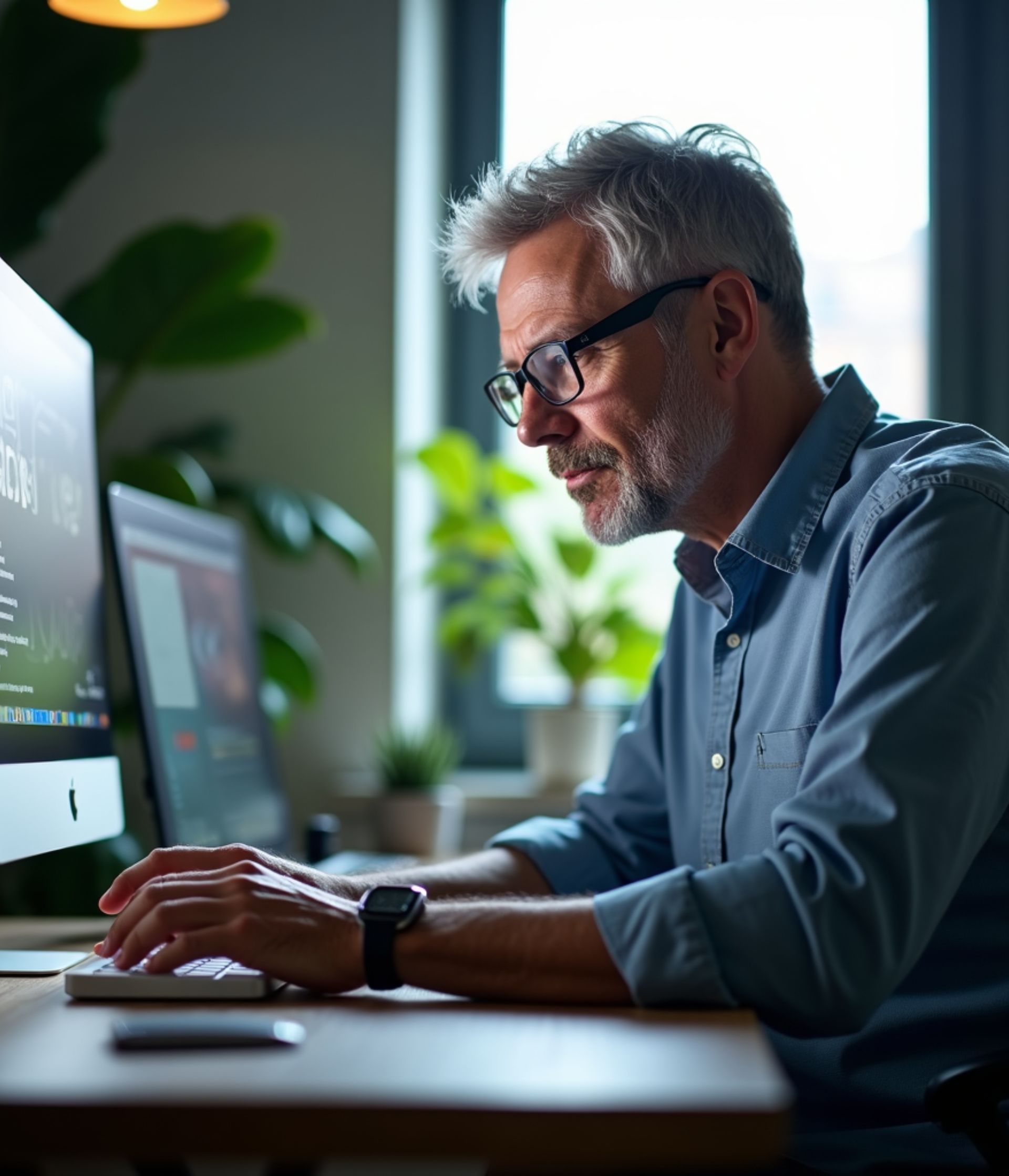 Mature website designer at Pivot2Connect working on a website.