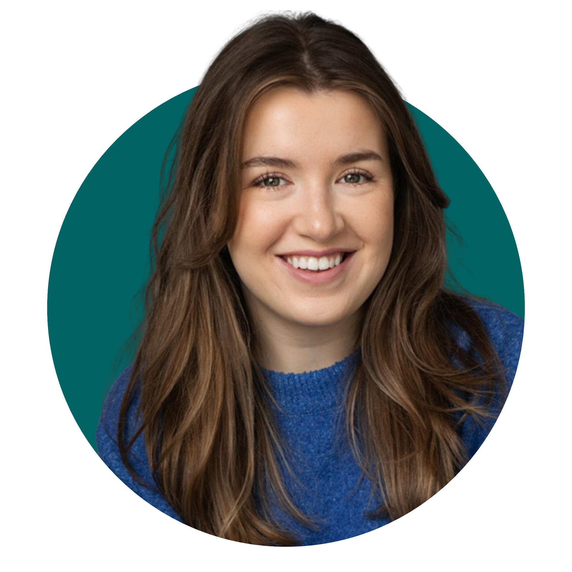 A woman in a blue sweater is smiling in a circle
