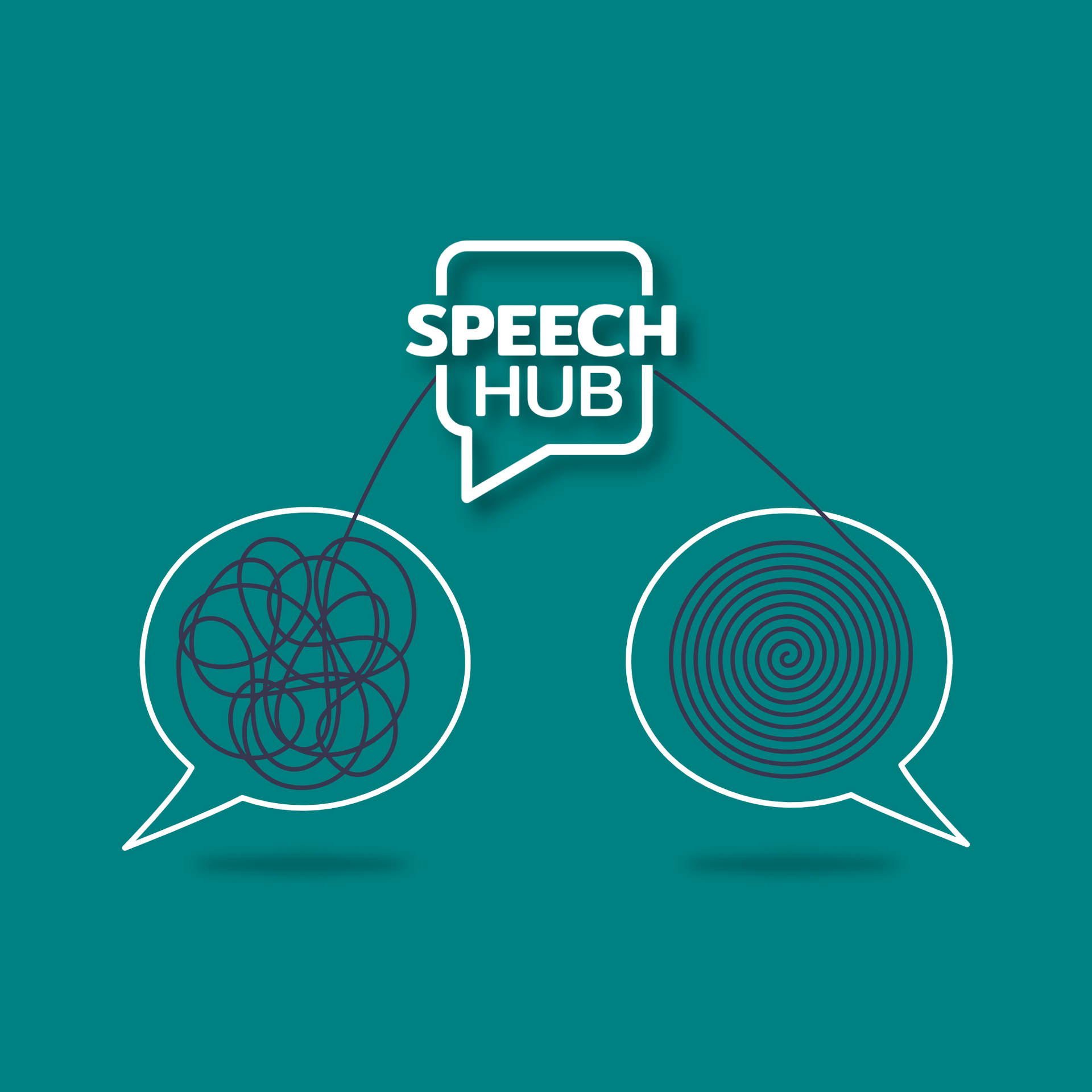 A speech hub logo with two speech bubbles on a blue background.