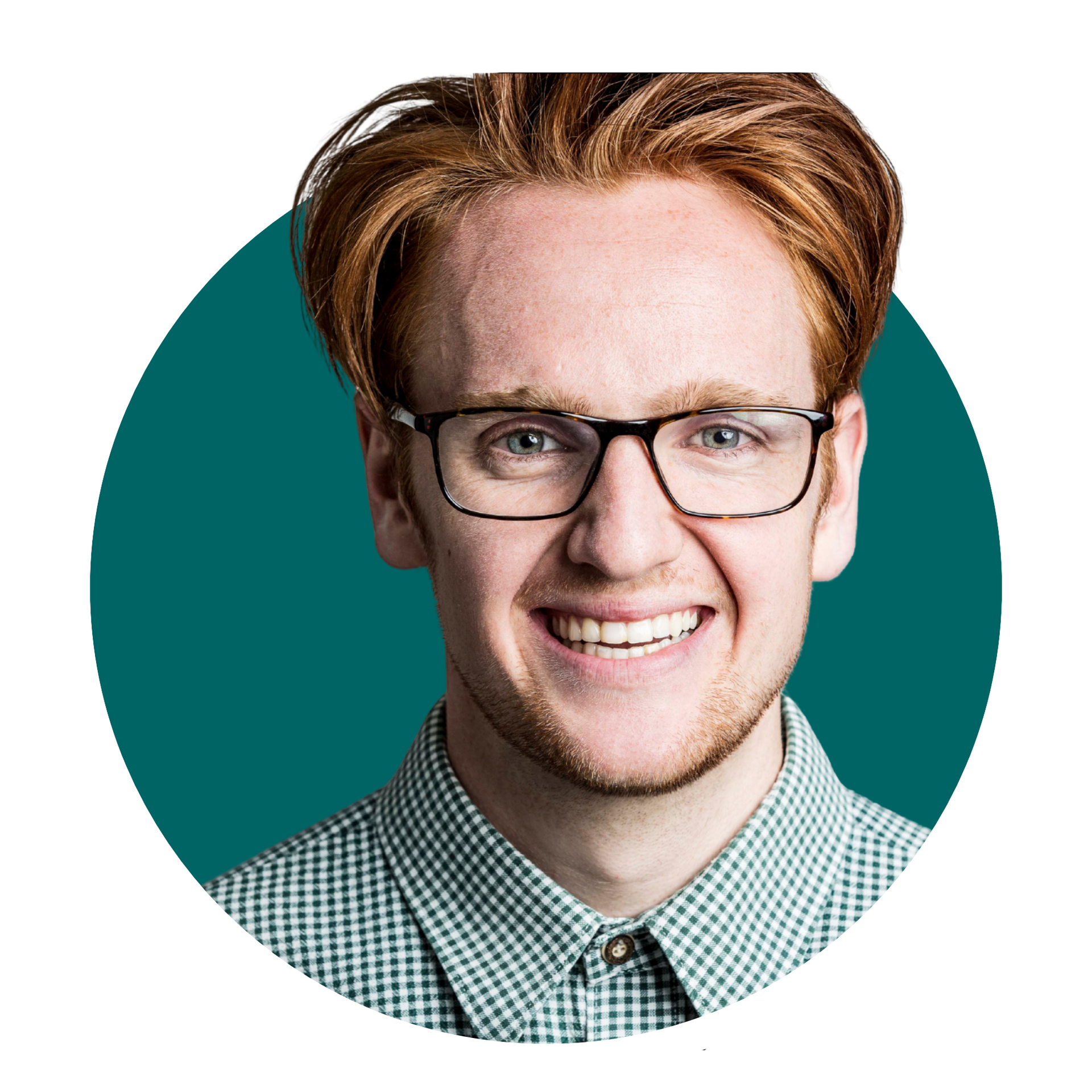A man with red hair and glasses is smiling in a circle