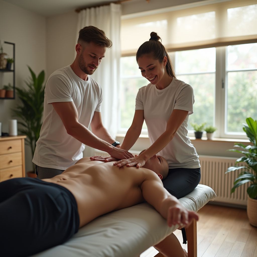 Two people giving chest massage to a person lying on a massage table. Light-filled room.