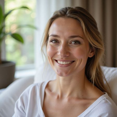 Woman smiles, looking at the camera. She's in a well-lit room, white top, blonde hair, green eyes.