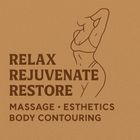 Brown logo with a woman's body outline. Text reads: Relax, Rejuvenate, Restore. Massage, Esthetics, Body Contouring.
