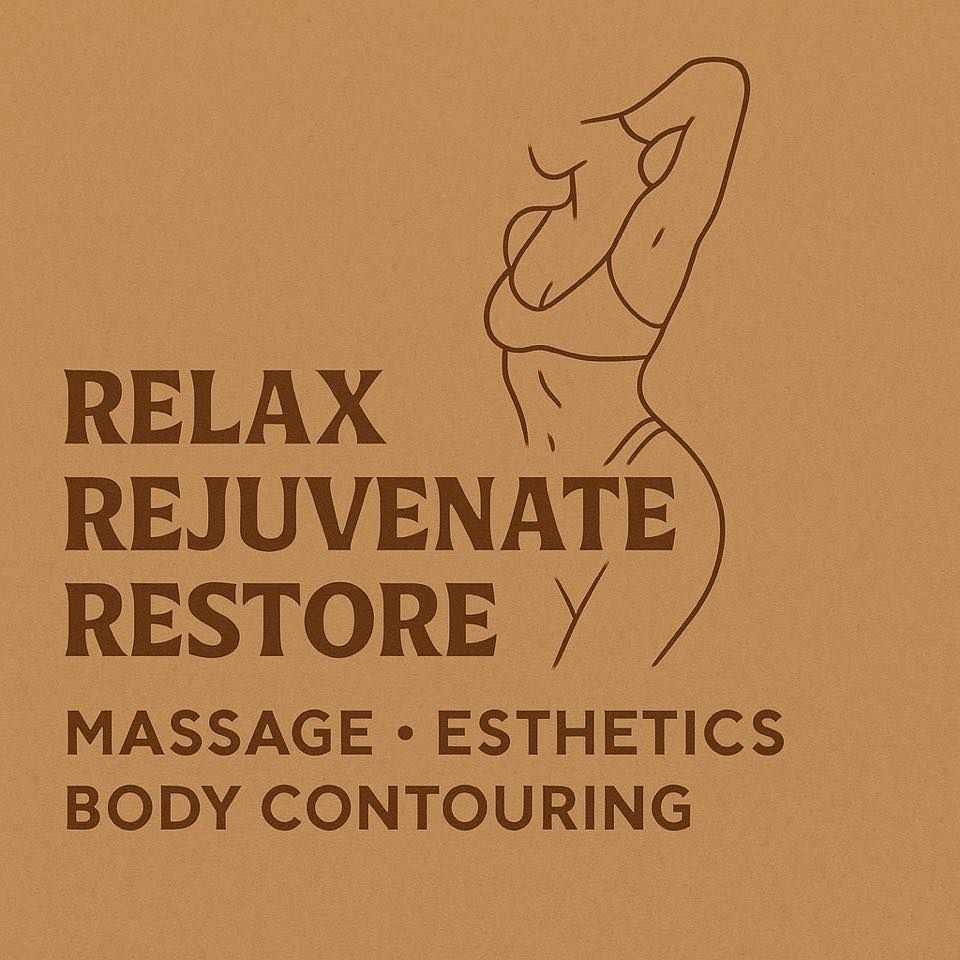 Brown logo with a woman's body outline. Text reads: Relax, Rejuvenate, Restore. Massage, Esthetics, Body Contouring.