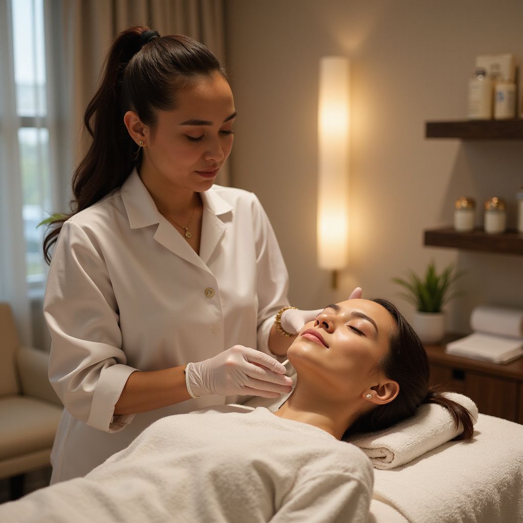 Beautician giving facial treatment to a client in a spa.