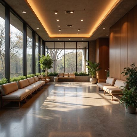 Lounge with large windows, several beige sofas, and plants. Light streams onto the gray floor and wooden paneling.