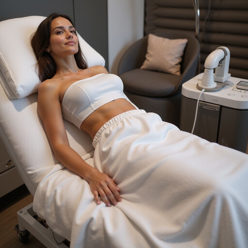Woman lying on a treatment bed, wearing white attire, in a medical setting.