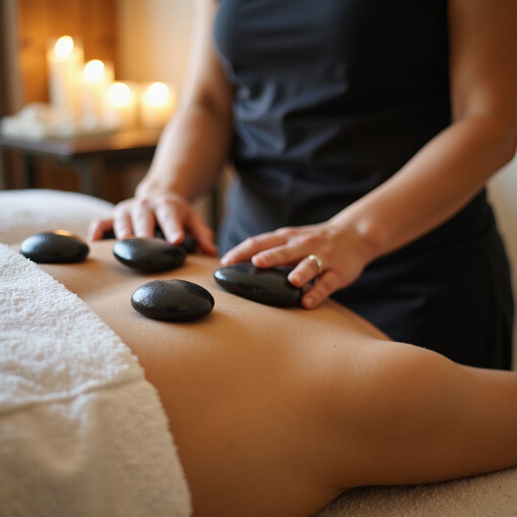 Person receiving a hot stone massage, therapist placing stones on back. Candles in background.