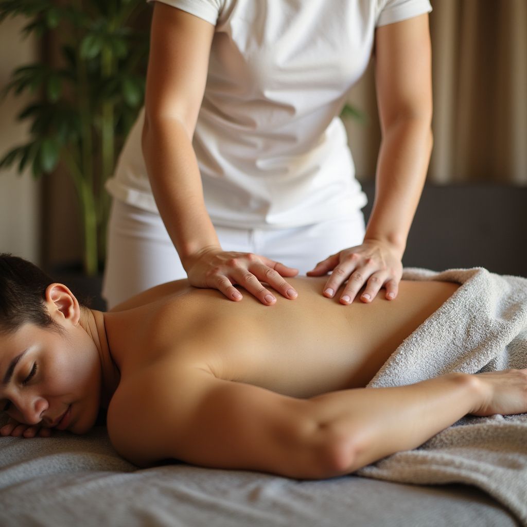 Person receiving a back massage at a spa. Therapist's hands are on the client's back.