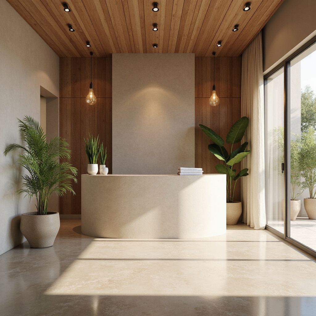 Reception area with light wooden ceiling, concrete desk, plants, and large window.