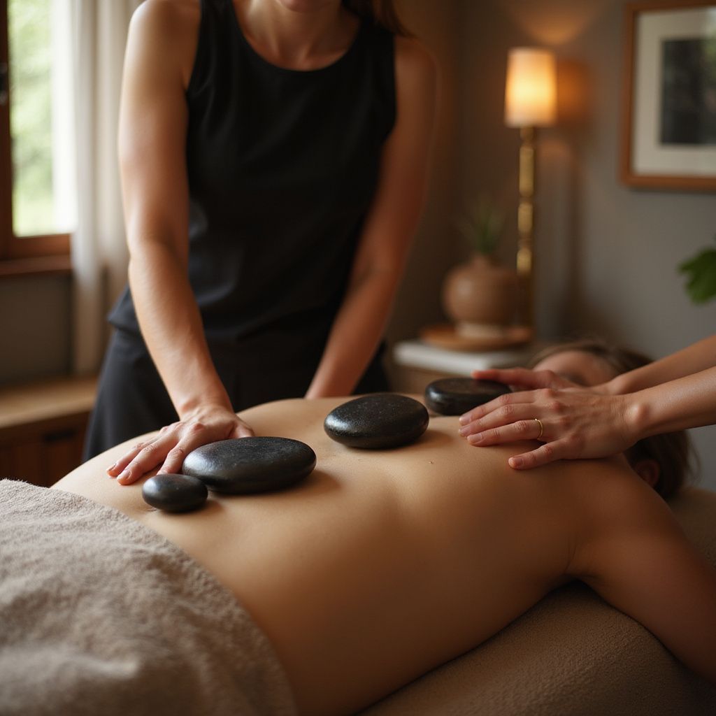 Person receiving hot stone massage on their back in a spa-like setting.