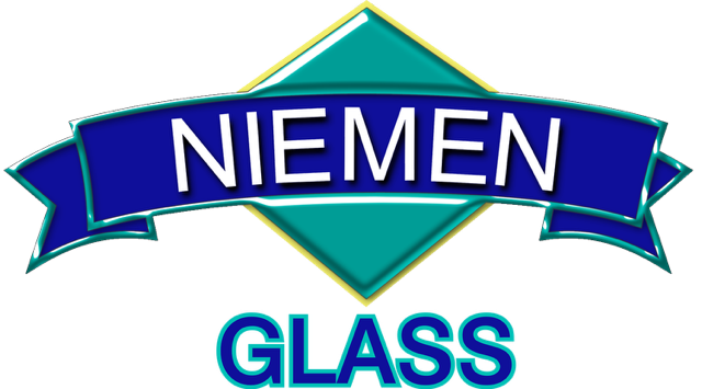 Logo for Niemen Glass. Blue ribbon with white text over a green and yellow diamond. Text below reads GLASS.
