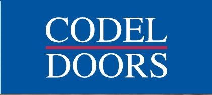 Codel Doors logo. White text on a blue background. Red underline.