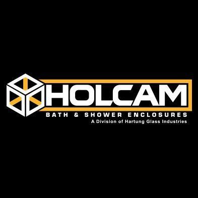 Logo for Holcam Bath & Shower Enclosures, featuring a cube icon and company name in white and yellow on black.