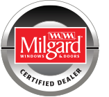 Milgard Windows & Doors Certified Dealer logo. Red rectangle with white text inside a silver and black circle.