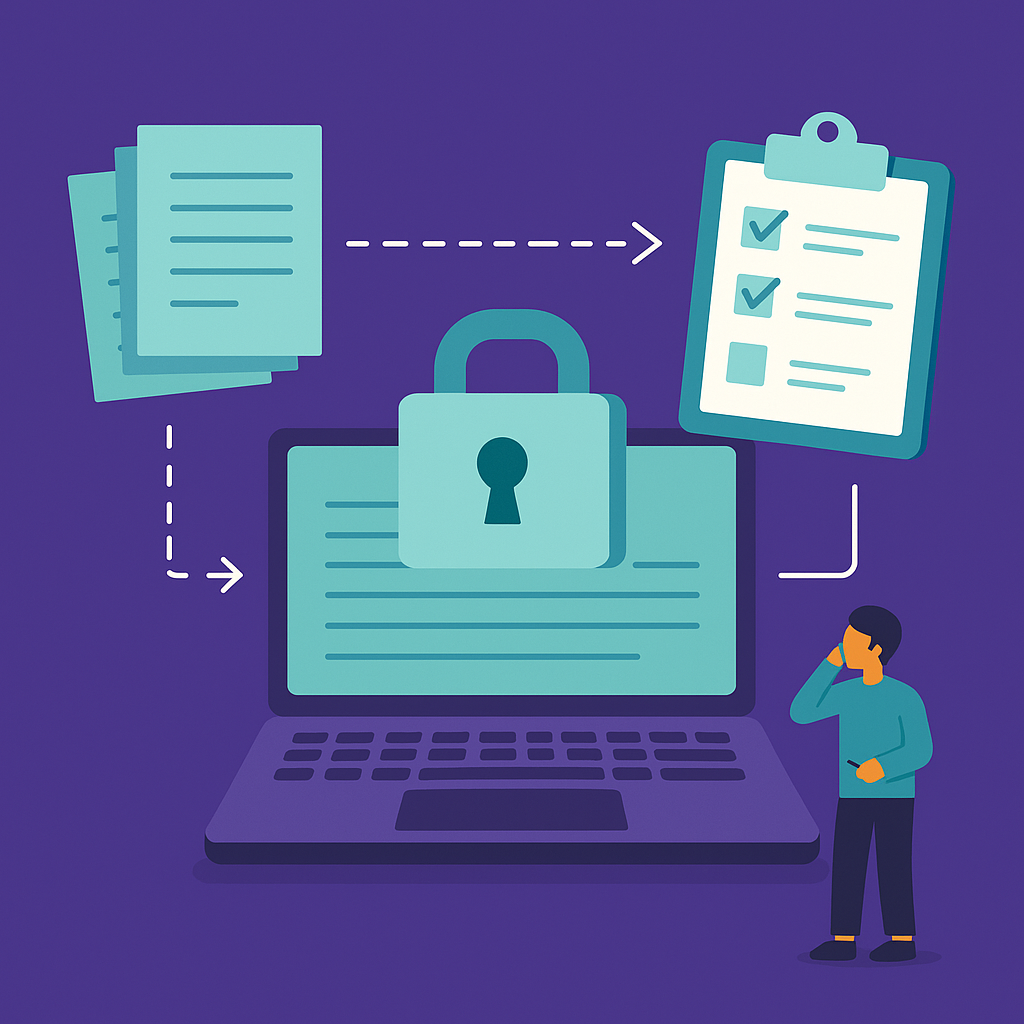 Laptop with a padlock, receiving documents and displaying a checklist. A person is looking at the laptop, looking puzzled.