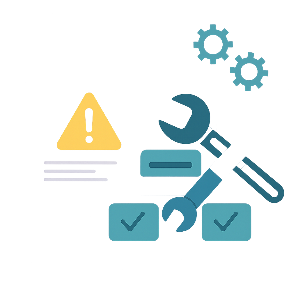Maintenance and repair concept: a wrench fixes a structure with check marks, a caution sign, and gears.