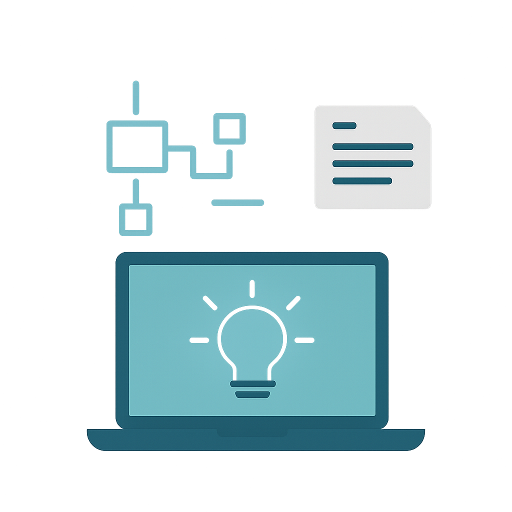 Laptop screen with a lightbulb icon, a flowchart, and a document.