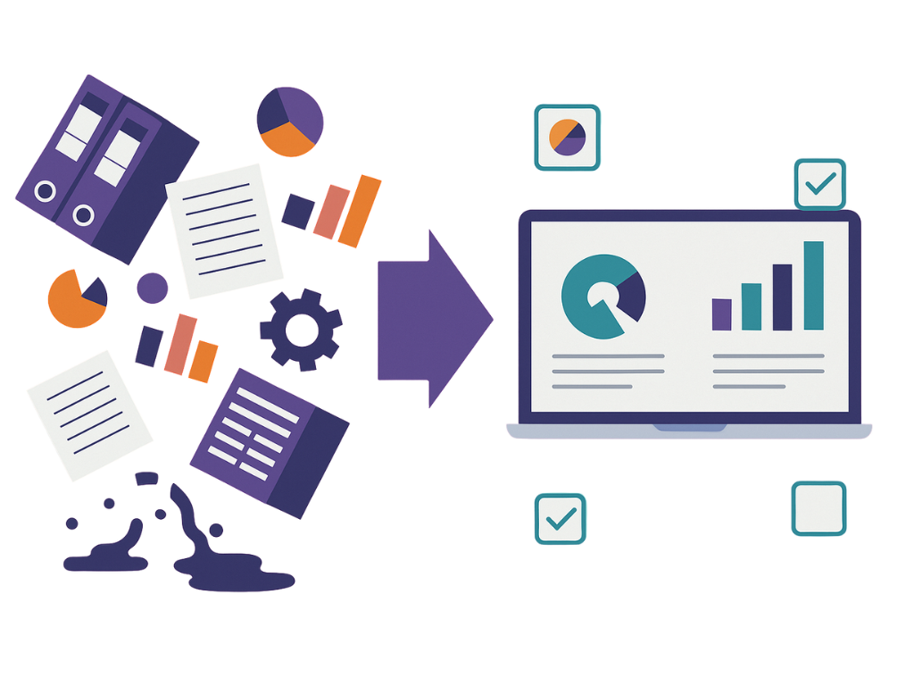 Data transformation process: Documents, charts, and files funnel into a laptop displaying data visualizations, represented by a purple arrow.