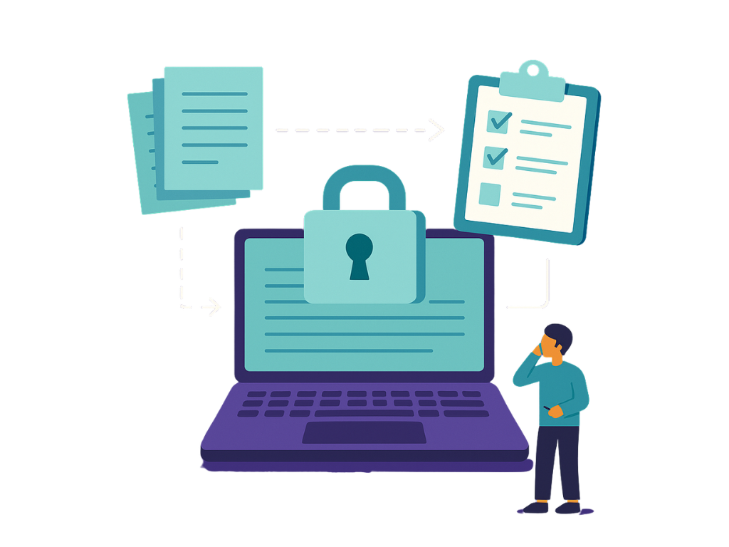 Laptop with a lock icon, documents, checklist, and a person. Protecting data and privacy.