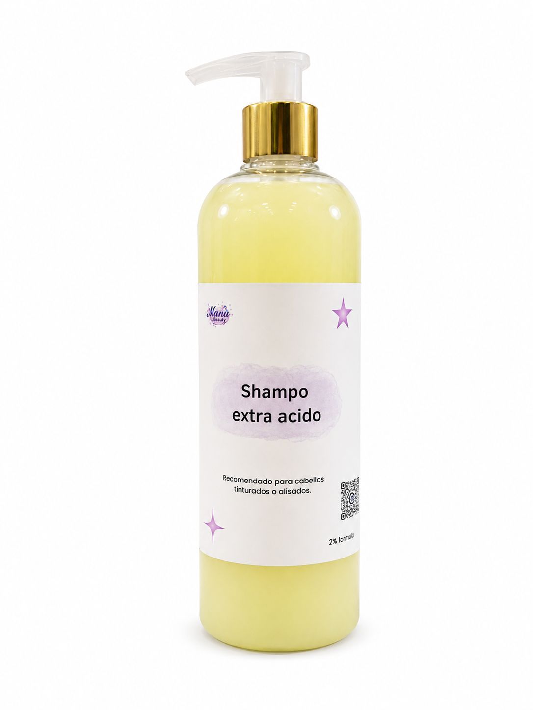 Botella de champú amarillo con etiqueta blanca y dispensador de bomba dorado.