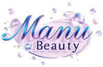 Logotipo de Manu Beauty en letras rosas y azules con burbujas flotantes sobre un fondo blanco.