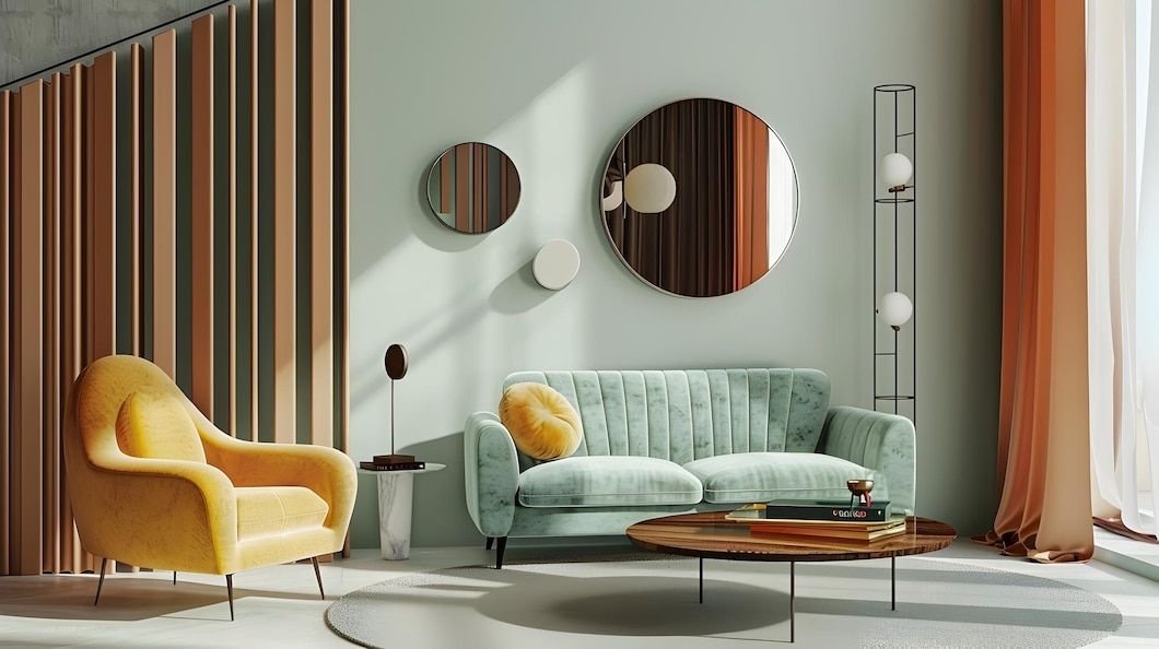 A living room with a couch , chair , coffee table and mirrors.