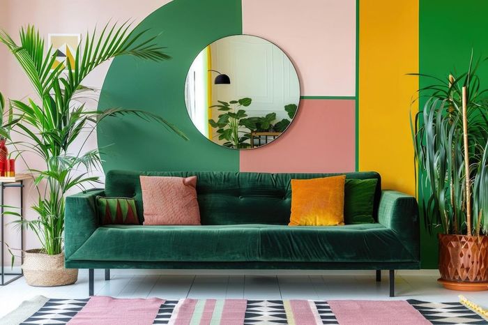 A living room with a green couch and a mirror on the wall.