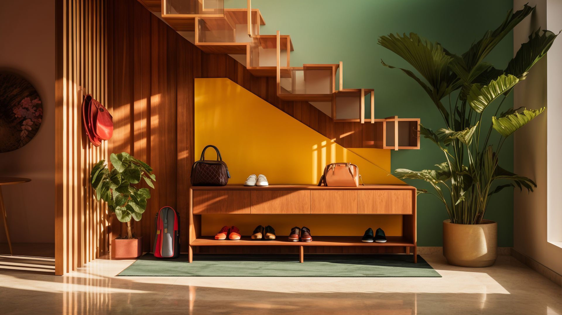 A hallway with stairs and a shoe rack underneath it.