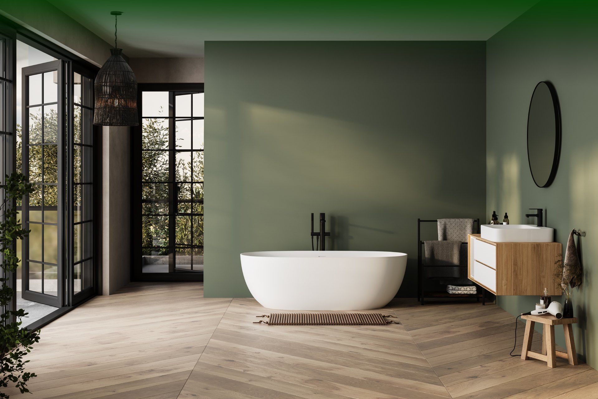 A bathroom with a bathtub , sink , mirror and green walls.