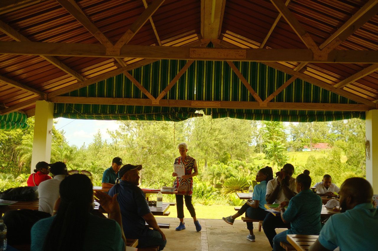 a group of people under and outdoor pavilion sitting on benches in jamaica